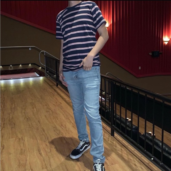 MENS NAVY BLUE STRIPE T SHIRT - Picture 2 of 5